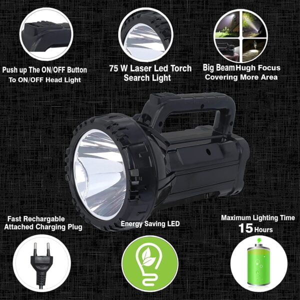 Rechargeable Bright LED Flashlight Torch 75W High Powered Searchlight Built-In Battery - Image 4