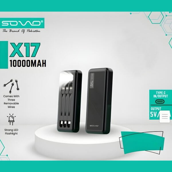 SOVO X17 10000mAh Power Bank with Built-In 3 Cables and LED Flashlight