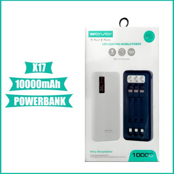 SOVO X17 10000mAh Power Bank with Built-In 3 Cables and LED Flashlight - Image 2