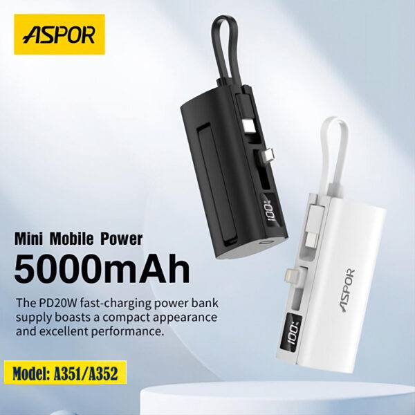Aspor A351/A352 5000mAh Mini Power Bank, 20W PD Fast Charging, with Digital Display, Mobile Holder, iPhone & Type-C Support