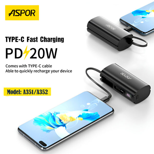 Aspor A351/A352 5000mAh Mini Power Bank, 20W PD Fast Charging, with Digital Display, Mobile Holder, iPhone & Type-C Support - Image 4