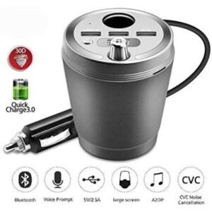 Car Cup Holder Power Adapter with Bluetooth FM Transmitter, LED Display & 3 USB Charging Ports